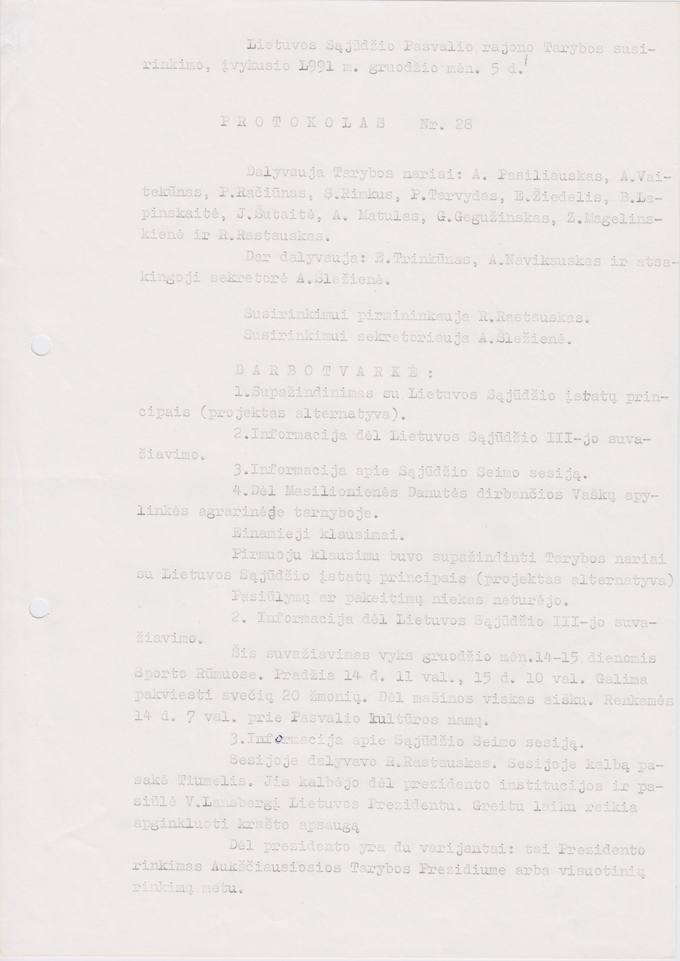 Lietuvos Sajūdžio Pasvalio rajono Tarybos susirinkimo, įvykusio 1991 m. gruodžio 5 d., PROTOKOLAS Nr. 28